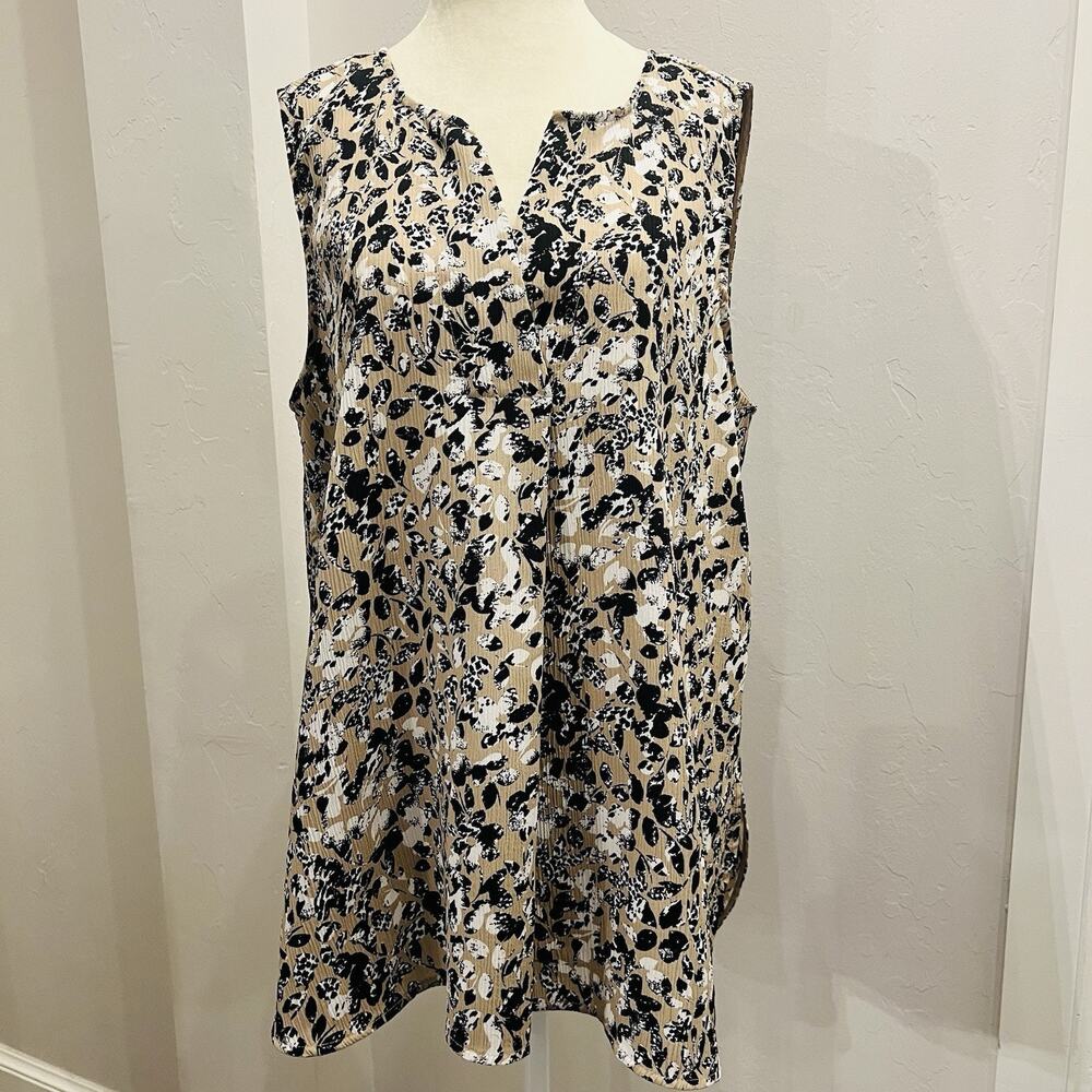 Dana Buchman Women's Sleeveless Tunic Top Size XL Tan Black White Floral